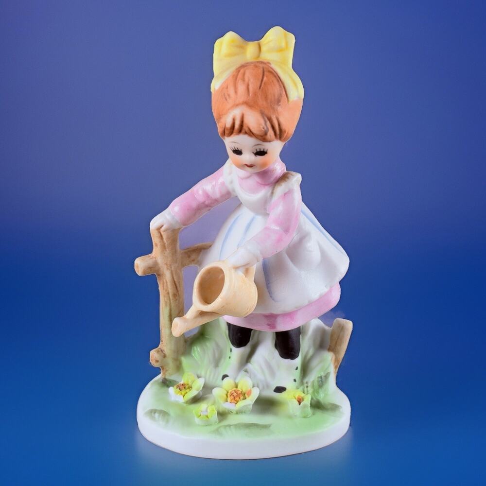 Lefton Girl Watering Flowers Figurine 5" Tall Porcelain Made in Taiwan Vintage